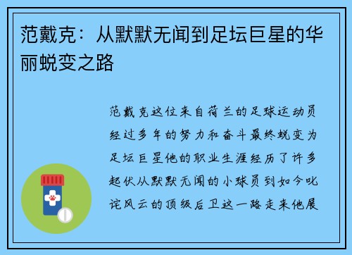 范戴克：从默默无闻到足坛巨星的华丽蜕变之路