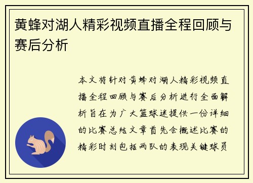 黄蜂对湖人精彩视频直播全程回顾与赛后分析