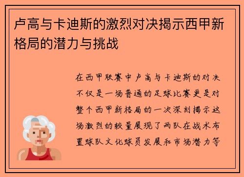 卢高与卡迪斯的激烈对决揭示西甲新格局的潜力与挑战