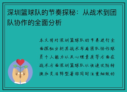 深圳篮球队的节奏探秘：从战术到团队协作的全面分析